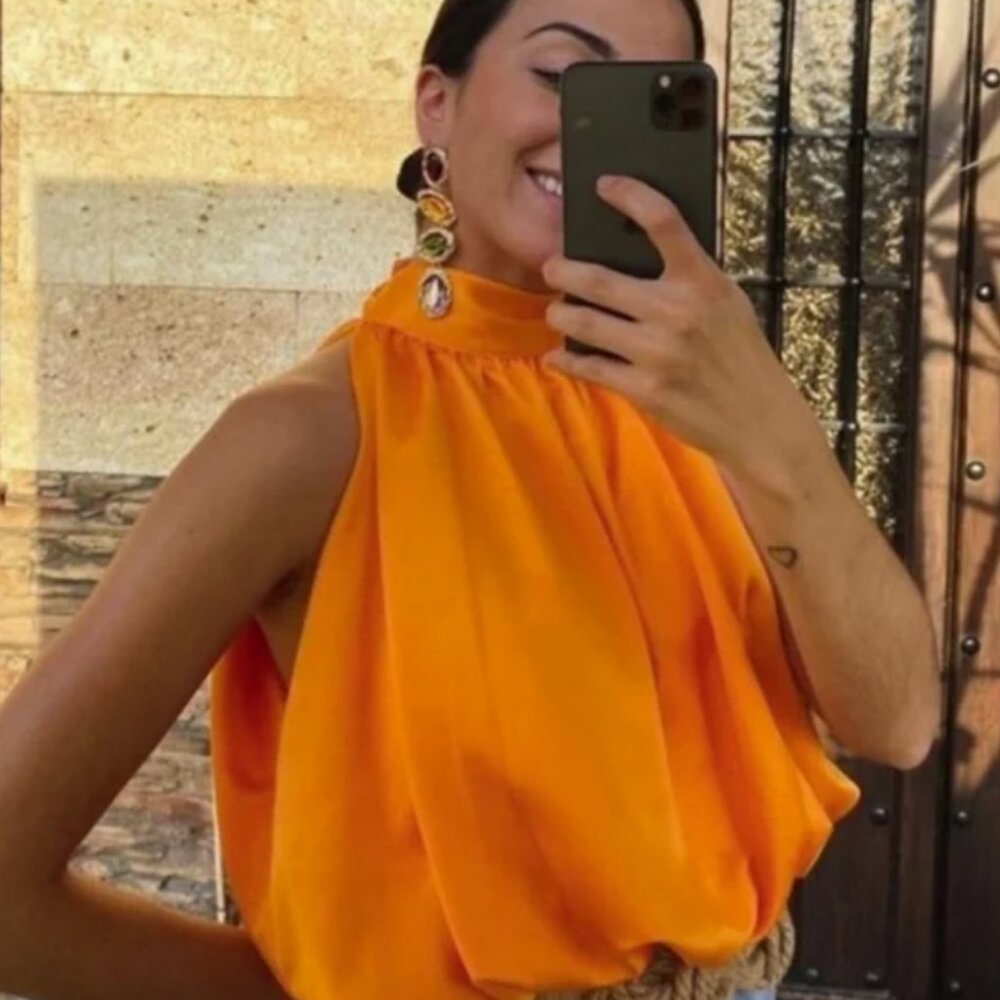 ZARA Orange Satin Halter Tie Neck Wrap Top - Picture 7 of 11